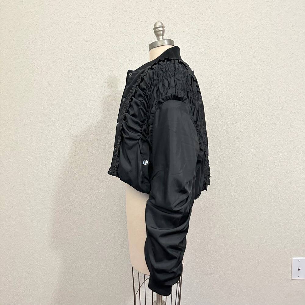 MABLE Bomber Jacket Black Lined Ruched Ruffled Cropped Relaxed Fit - Picture 6 of 11